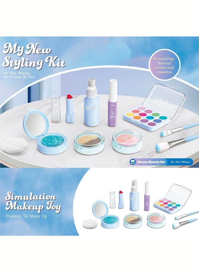 SHABILI 17 Pieces Pretend Makeup Kit Toy for Girls Age 3+, Simulation Cosmetic Play Set with Carrying Case for Imaginative Role Play and Hand Eye Coordination at Home or Party, Safe ABS Plastic Material, Not Real Makeup (Blue) - Image 4